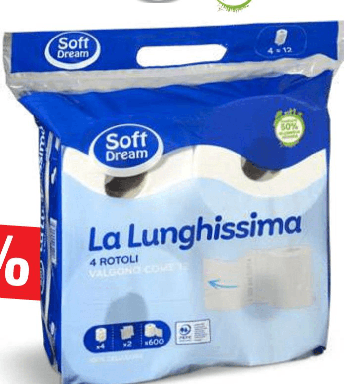 Soft Dream La Lunghissima toaletni papir 2-slojni 4 role Akcija v trgovini Eurospin
